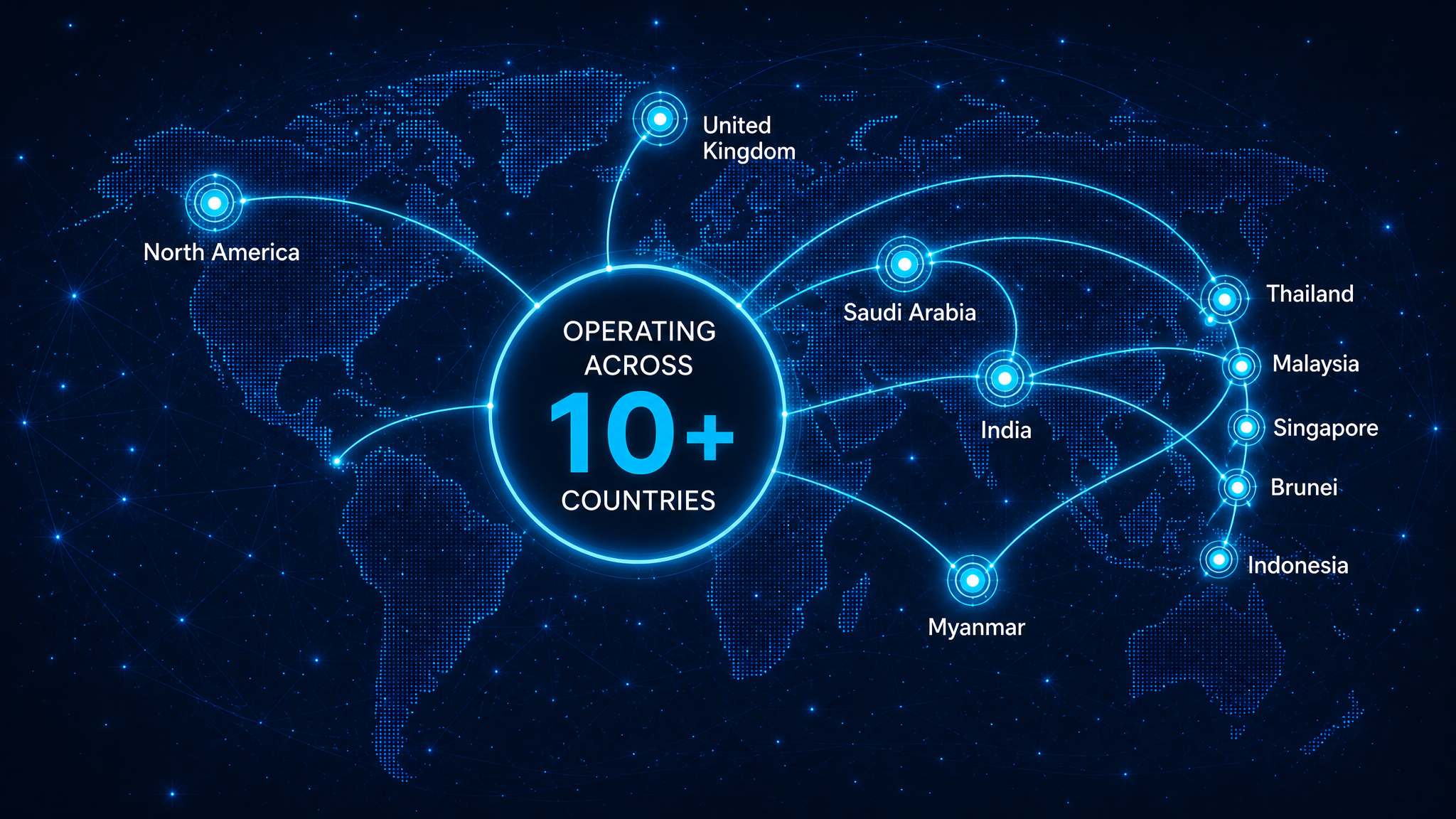 Operating across 10+ countries — global network map showing North America, United Kingdom, Saudi Arabia, India, Myanmar, Thailand, Malaysia, Singapore, Brunei and Indonesia